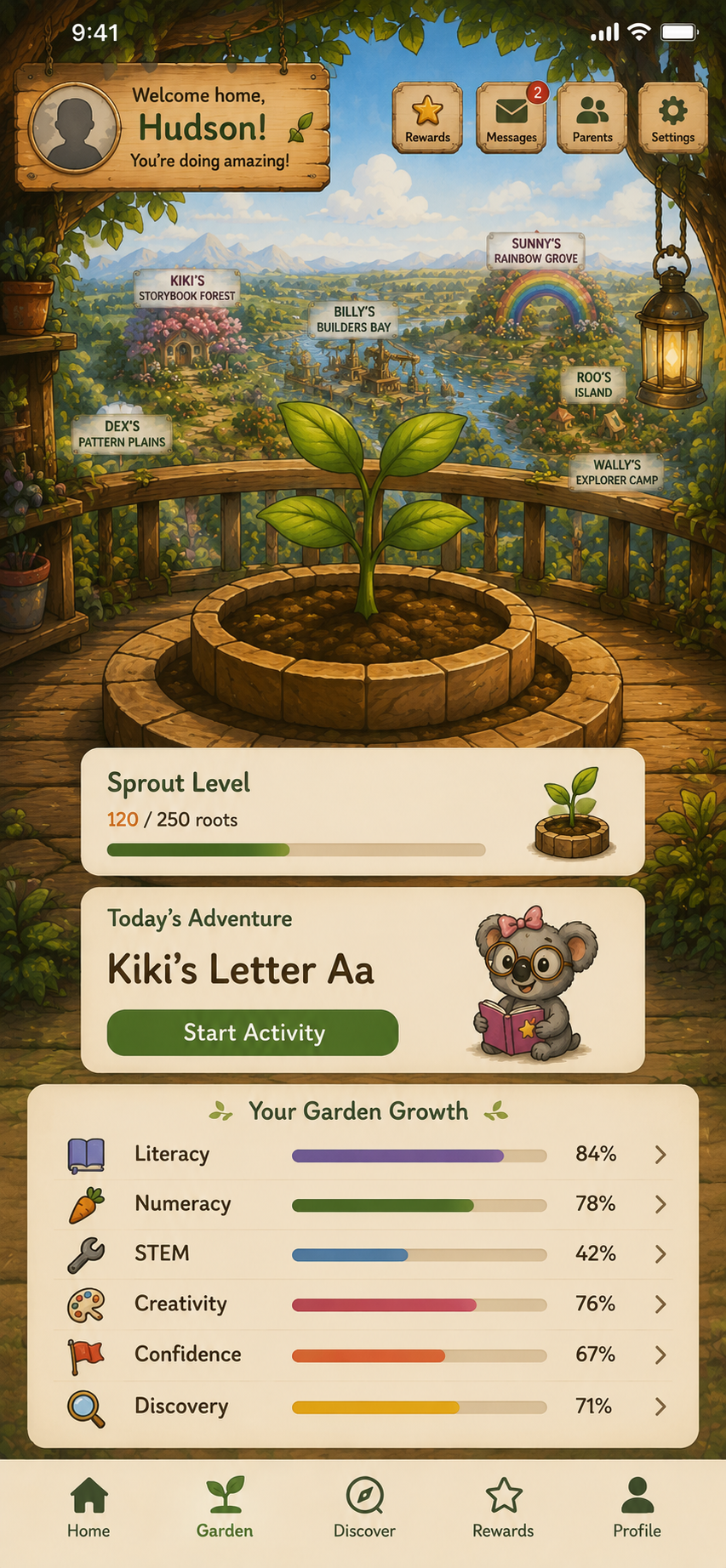 The ReadyRoots app — Hudson's My Garden home screen showing his growth across the Roots