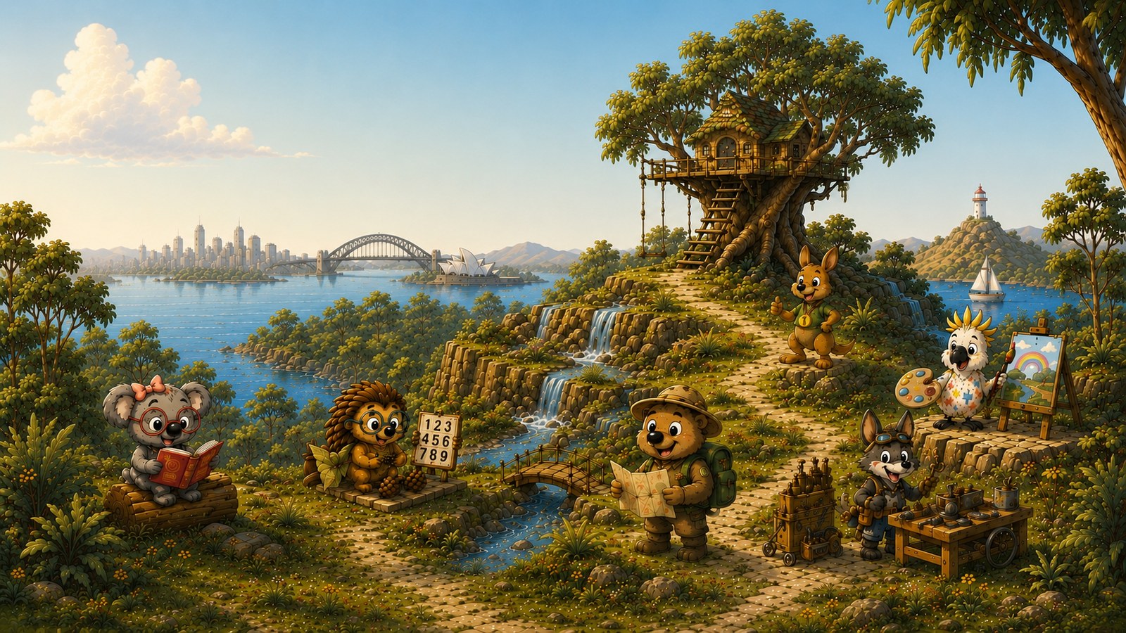 The ReadyRoots world map with all six characters.